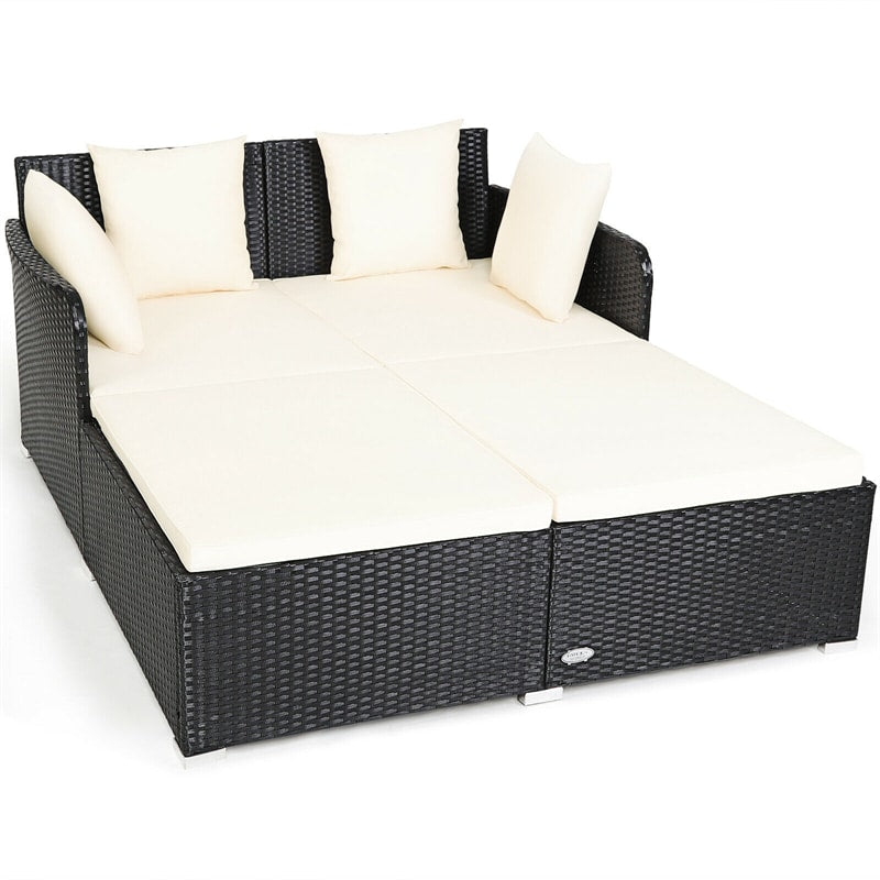 Outdoor Rattan Daybed Wicker Patio Double Chaise Lounge Sun Lounger with Seat Cushions & Pillows