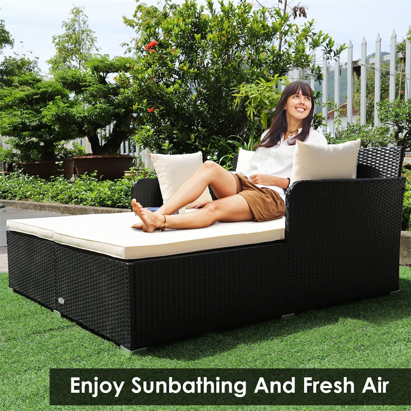 Outdoor Rattan Daybed Wicker Patio Double Chaise Lounge Sun Lounger with Seat Cushions & Pillows