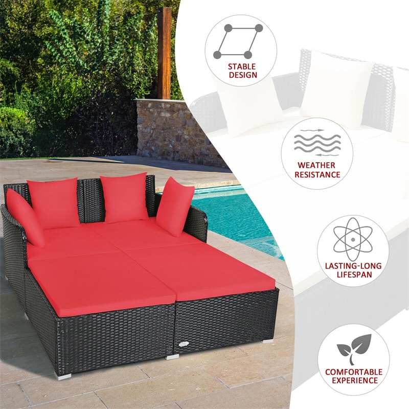 Outdoor Rattan Daybed Wicker Patio Double Chaise Lounge Sun Lounger with Seat Cushions & Pillows