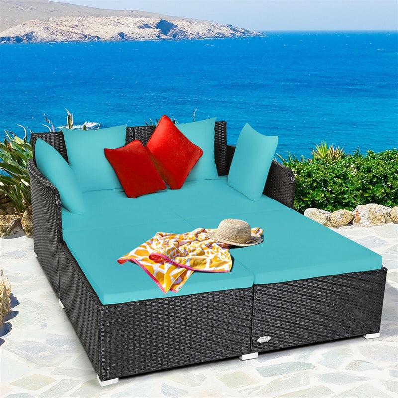 Outdoor Rattan Daybed Wicker Patio Double Chaise Lounge Sun Lounger with Seat Cushions & Pillows