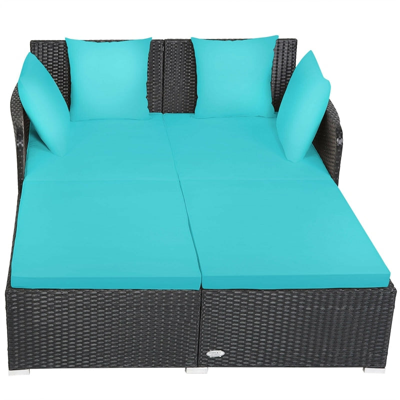 Outdoor Rattan Daybed Wicker Patio Double Chaise Lounge Sun Lounger with Seat Cushions & Pillows