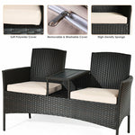 Patented Modern Wicker Patio Conversation Set Outdoor Rattan Loveseat with Built-in Coffee Table & Cushions