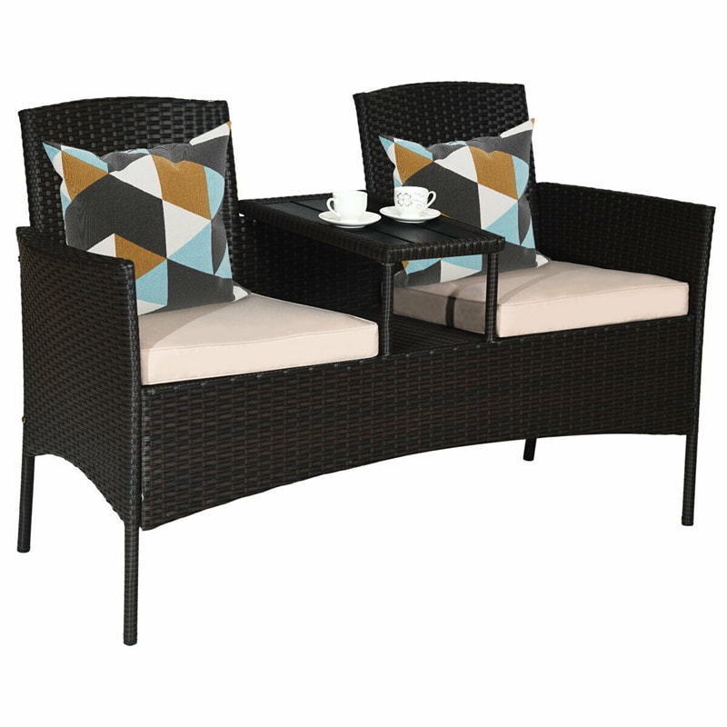 Patented Modern Wicker Patio Conversation Set Outdoor Rattan Loveseat with Built-in Coffee Table & Cushions