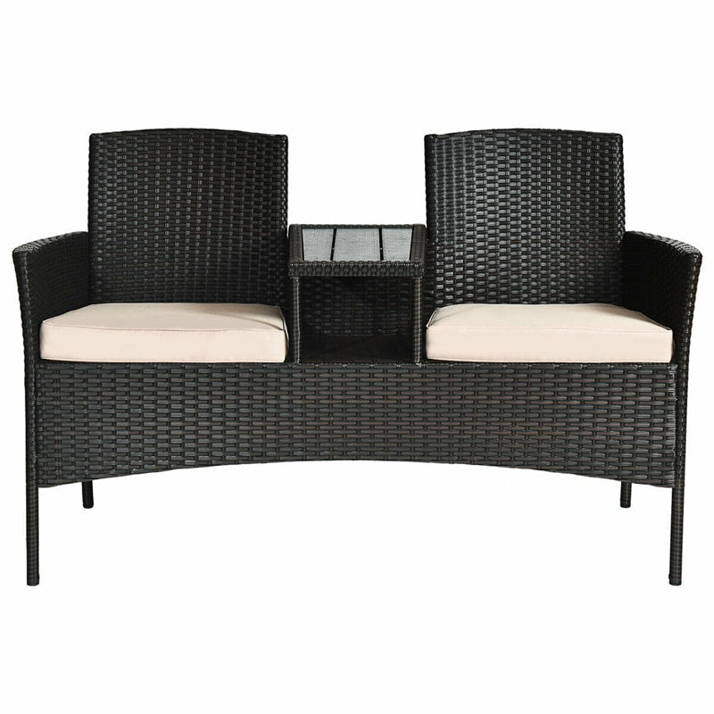 Patented Modern Wicker Patio Conversation Set Outdoor Rattan Loveseat with Built-in Coffee Table & Cushions