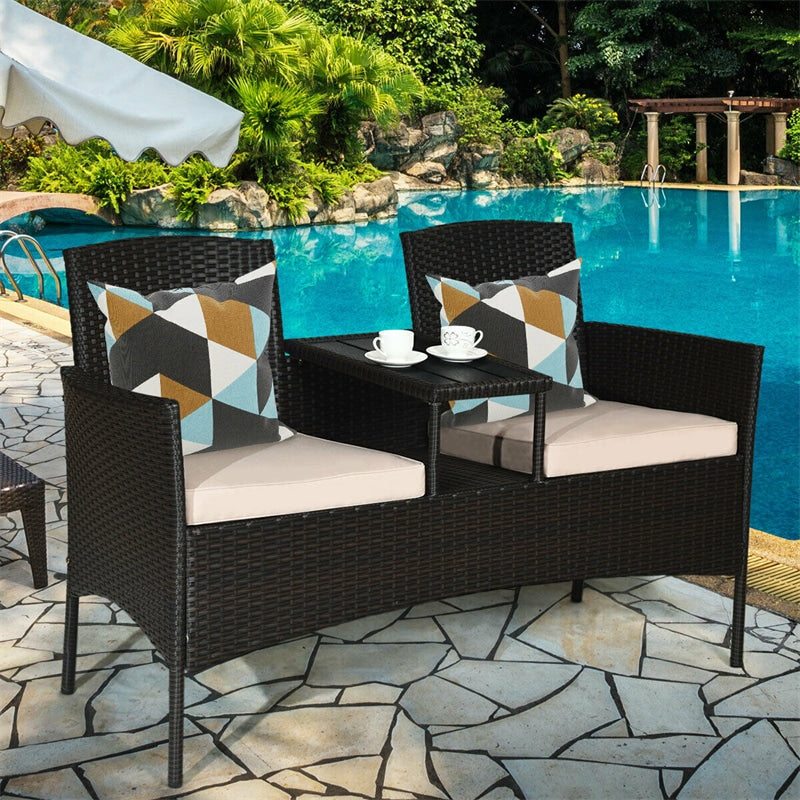 Patented Modern Wicker Patio Conversation Set Outdoor Rattan Loveseat with Built-in Coffee Table & Cushions