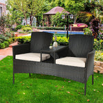 Patented Modern Wicker Patio Conversation Set Outdoor Rattan Loveseat with Built-in Coffee Table & Cushions