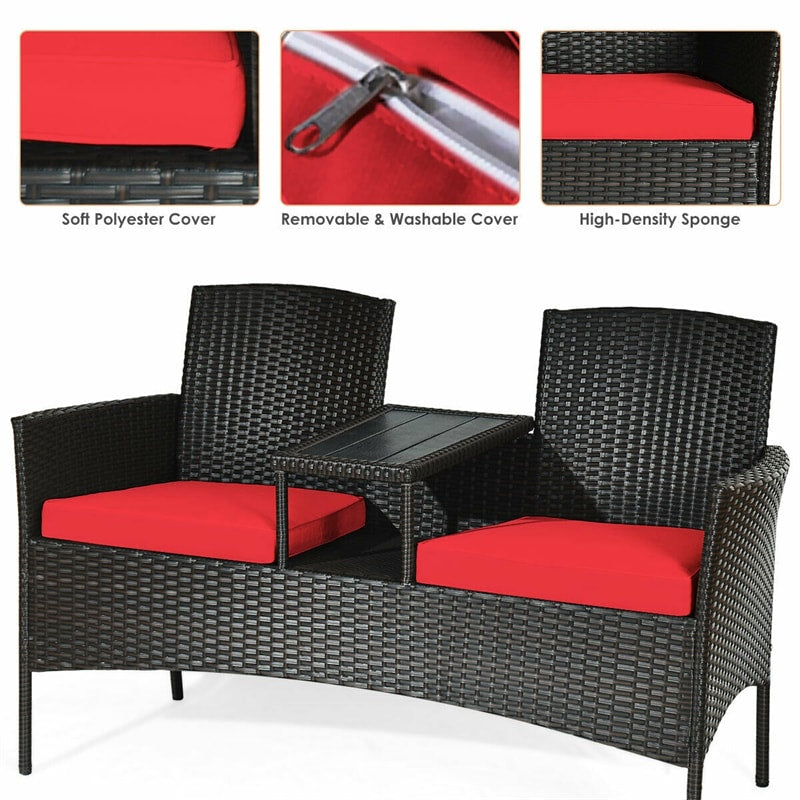 Patented Modern Wicker Patio Conversation Set Outdoor Rattan Loveseat with Built-in Coffee Table & Cushions