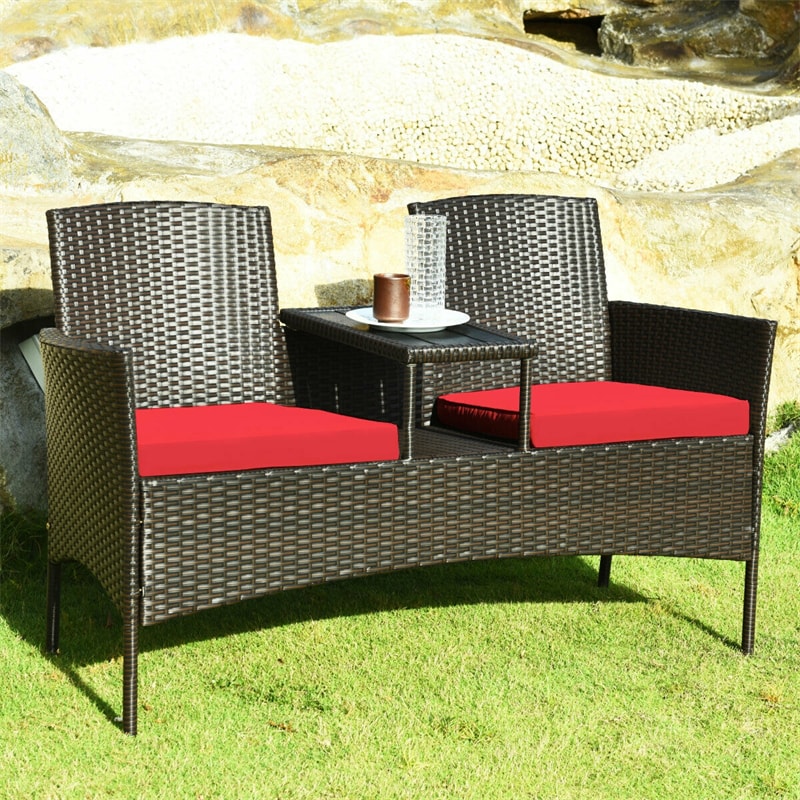 Patented Modern Wicker Patio Conversation Set Outdoor Rattan Loveseat with Built-in Coffee Table & Cushions