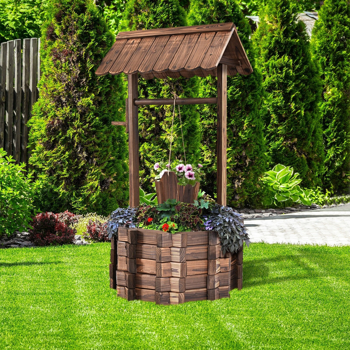 Rustic Outdoor Wooden Wishing Well Planter with Hanging Bucket - Bestoutdor