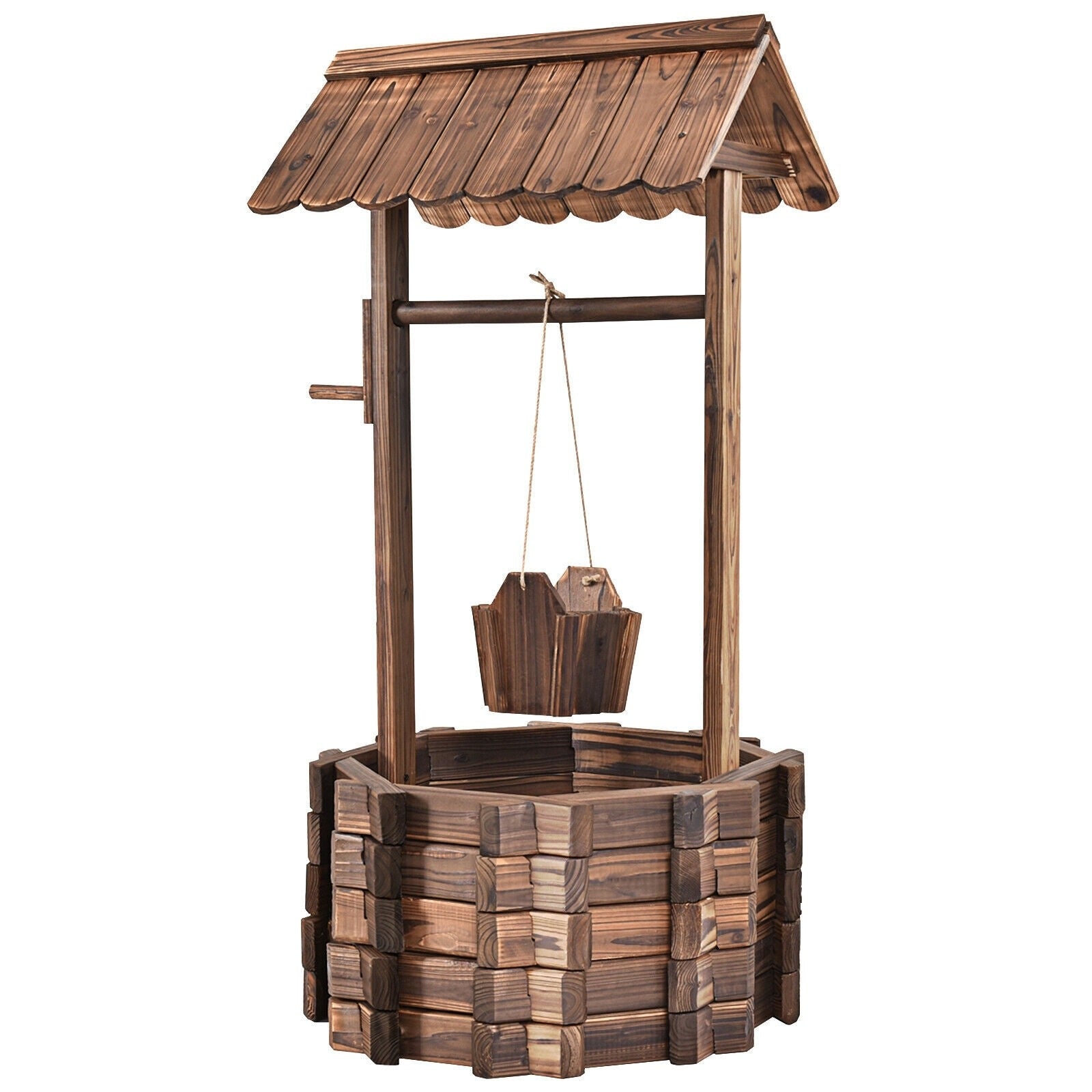 Antique Wishing Well 2024 with Bucket, Sculpture wooden decor, Vintage hand carved wood rustic Miniature Decor