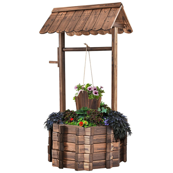 Rustic Outdoor Wooden Wishing Well Planter with Hanging Bucket - Bestoutdor