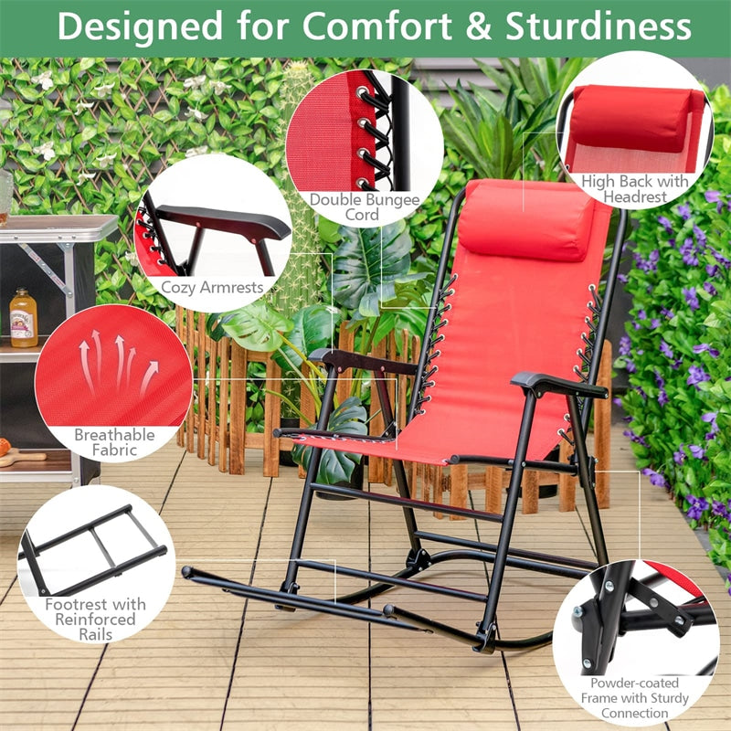 Zero Gravity Rocking Chair, Folding Camping Rocker with Headrest, Cozy Armrests & Footrest, Portable High Back Lawn Chair for Garden Patio