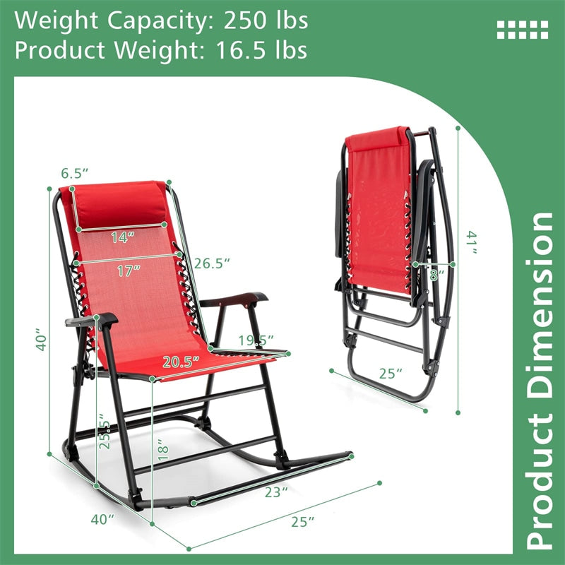 Zero Gravity Rocking Chair, Folding Camping Rocker with Headrest, Cozy Armrests & Footrest, Portable High Back Lawn Chair for Garden Patio