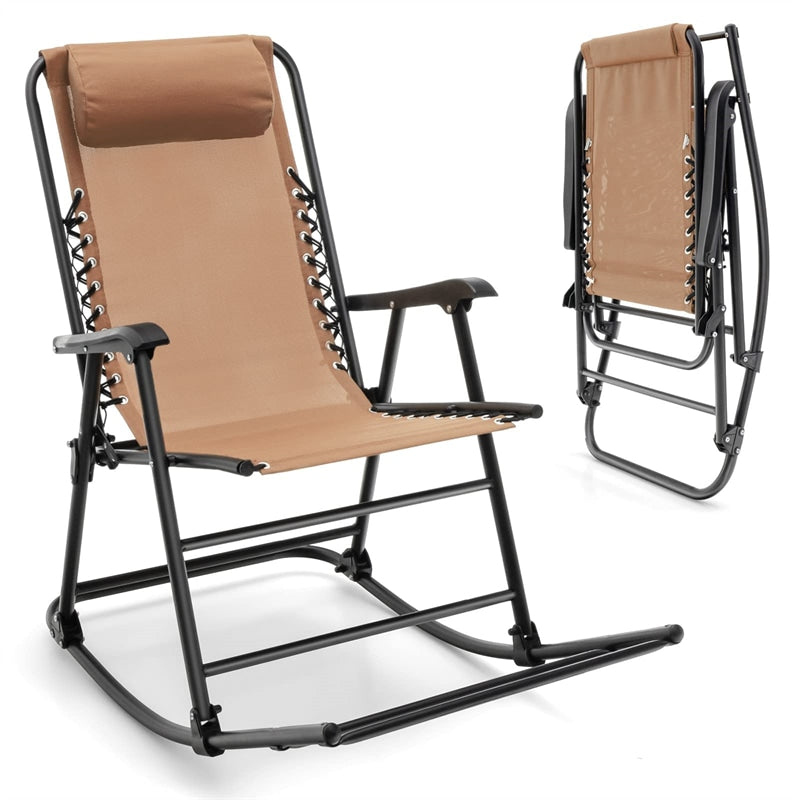 Zero Gravity Rocking Chair, Folding Camping Rocker with Headrest, Cozy Armrests & Footrest, Portable High Back Lawn Chair for Garden Patio