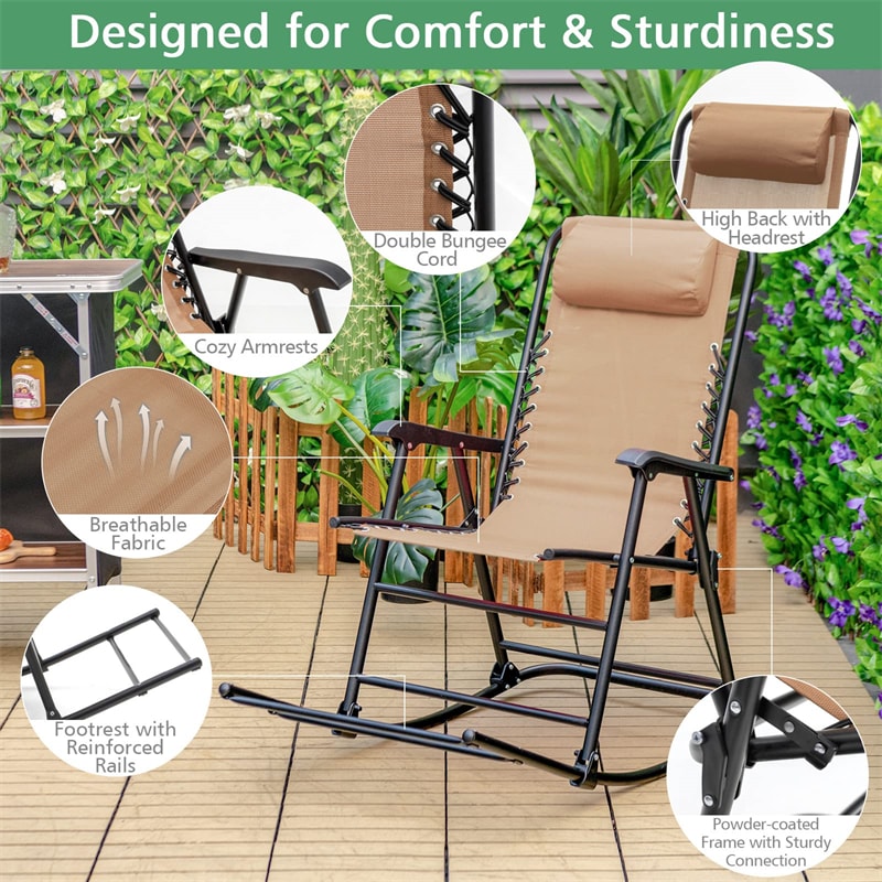 Zero Gravity Rocking Chair, Folding Camping Rocker with Headrest, Cozy Armrests & Footrest, Portable High Back Lawn Chair for Garden Patio