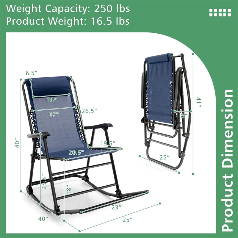 Zero Gravity Rocking Chair, Folding Camping Rocker with Headrest, Cozy Armrests & Footrest, Portable High Back Lawn Chair for Garden Patio