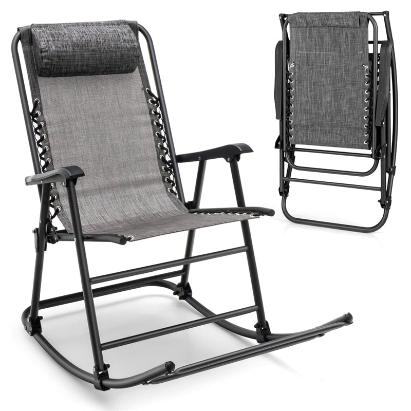 Zero Gravity Rocking Chair, Folding Camping Rocker with Headrest, Cozy Armrests & Footrest, Portable High Back Lawn Chair for Garden Patio