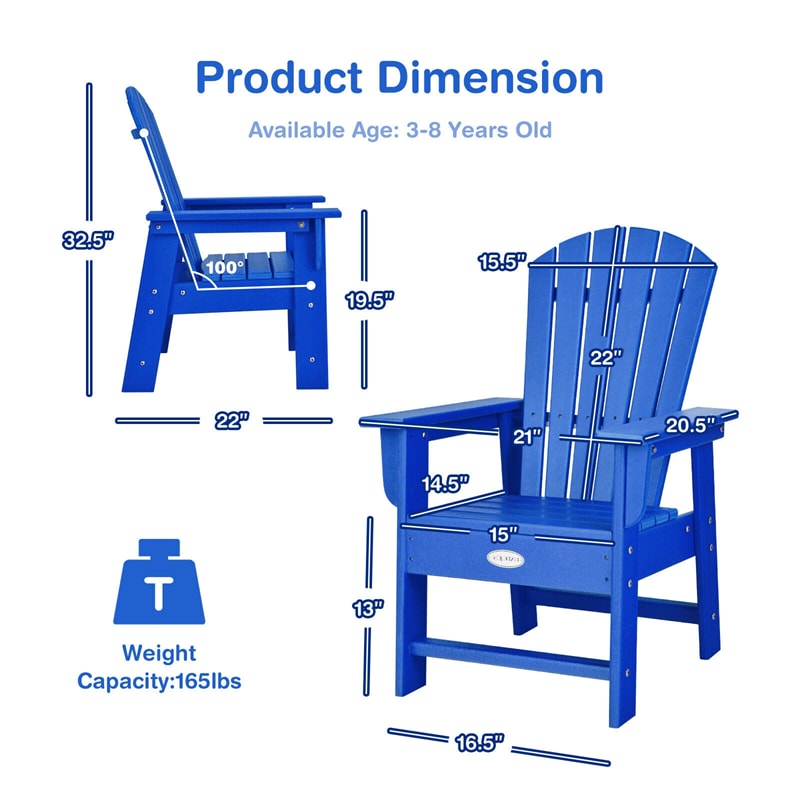 Kids Adirondack Chair, Weather-Resistant HDPE Patio Chair with Ergonomic Backrest, Children Outdoor Chair for Deck Porch Backyard Poolside