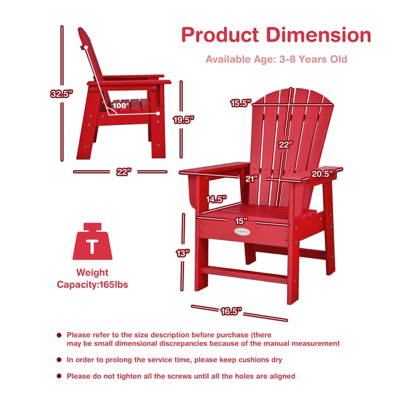 Kids Adirondack Chair, Weather-Resistant HDPE Patio Chair with Ergonomic Backrest, Children Outdoor Chair for Deck Porch Backyard Poolside