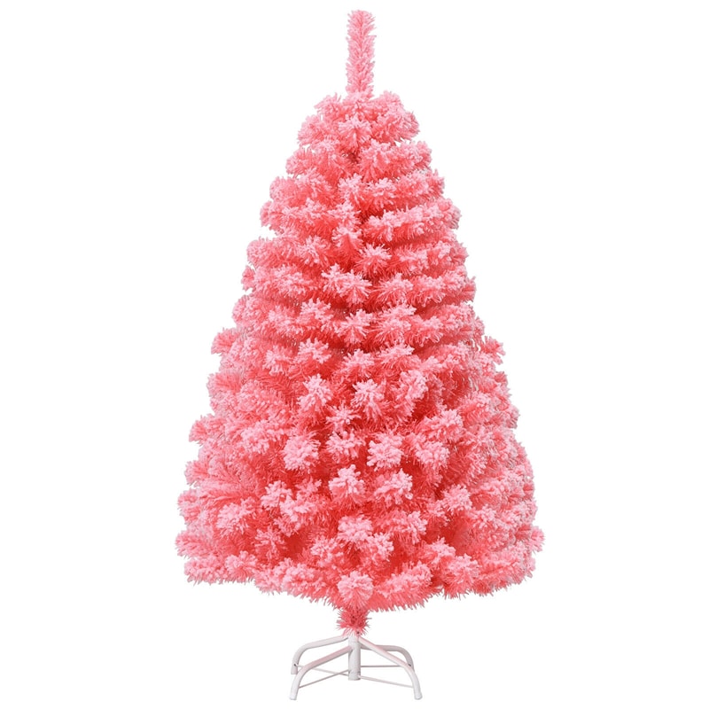 4.5FT Pink Snow Flocked Christmas Tree, Unlit Hinged Artificial Tree with 348 PVC Branch Tips & Metal Stand for Indoor Holiday Decor