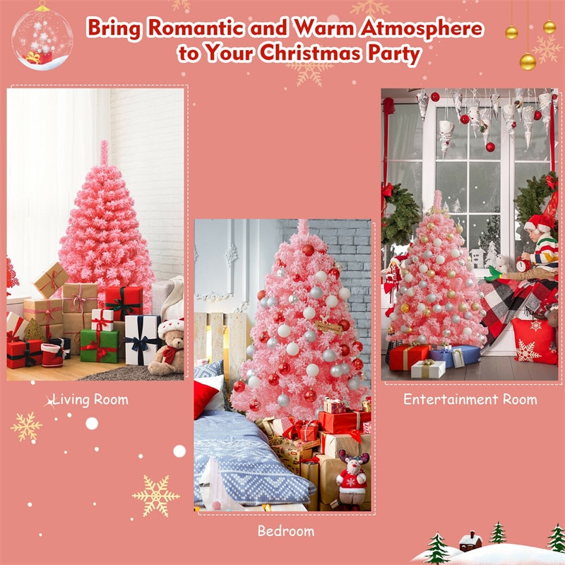 4.5FT Pink Snow Flocked Christmas Tree, Unlit Hinged Artificial Tree with 348 PVC Branch Tips & Metal Stand for Indoor Holiday Decor