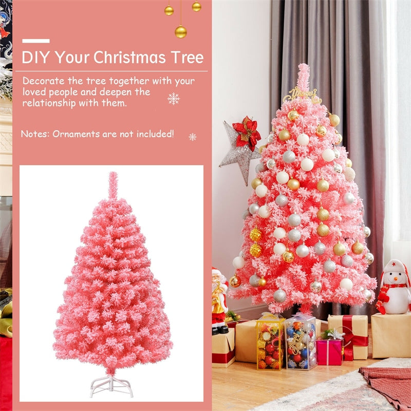 4.5FT Pink Snow Flocked Christmas Tree, Unlit Hinged Artificial Tree with 348 PVC Branch Tips & Metal Stand for Indoor Holiday Decor