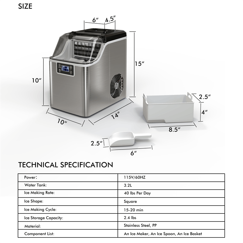 Countertop Ice Maker, 40LBS/24H Small Portable Ice Maker Machine with Top Inlet Hole & Ice Scoop Basket