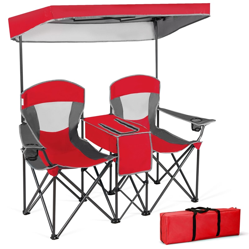 Folding Double Camping Chairs Portable Beach Chairs Lawn Chairs with Canopy Shade, Cup Holder & Carry Bag