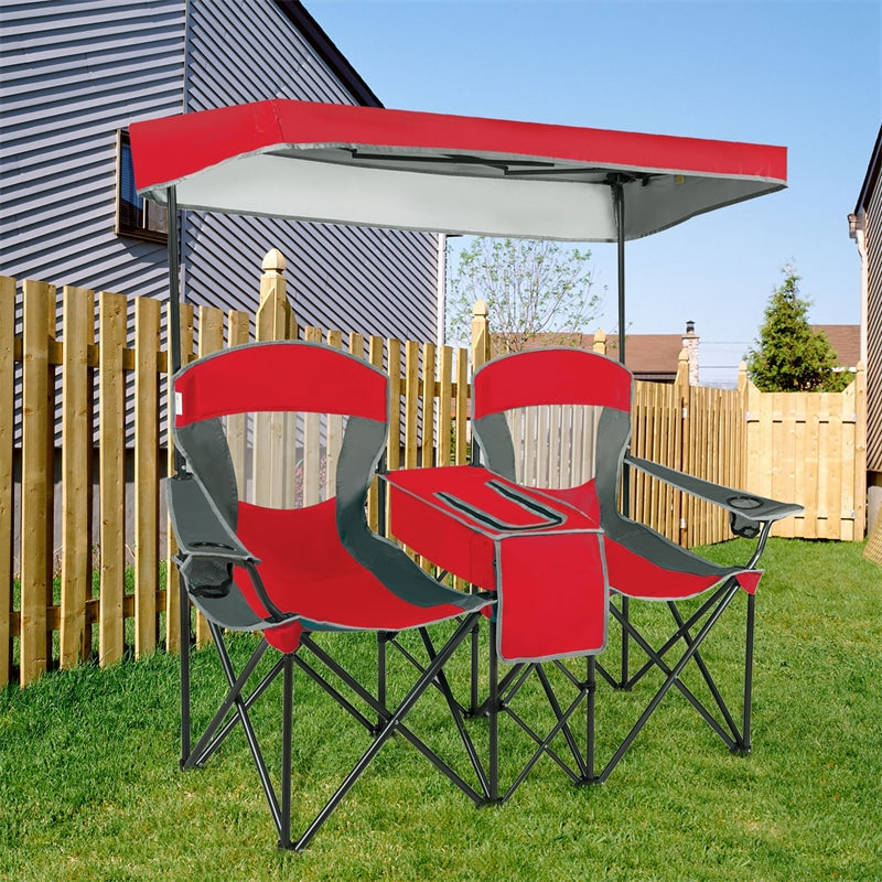 Folding Double Camping Chairs Portable Beach Chairs Lawn Chairs with Canopy Shade, Cup Holder & Carry Bag