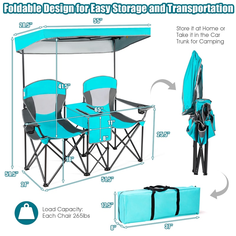 Folding Double Camping Chairs Portable Beach Chairs Lawn Chairs with Canopy Shade, Cup Holder & Carry Bag