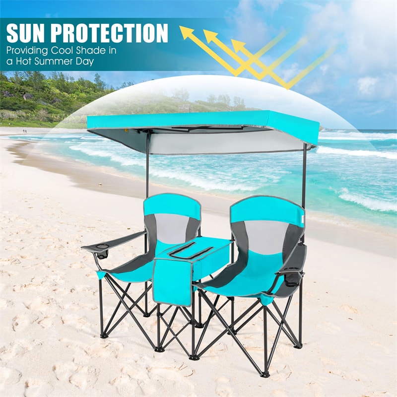 Folding Double Camping Chairs Portable Beach Chairs Lawn Chairs with Canopy Shade, Cup Holder & Carry Bag