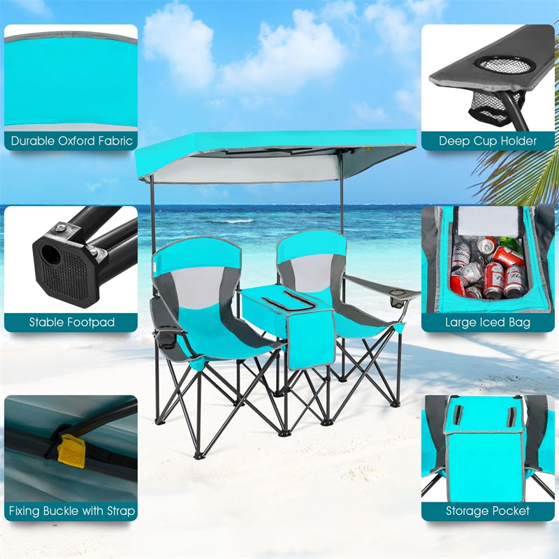 Folding Double Camping Chairs Portable Beach Chairs Lawn Chairs with Canopy Shade, Cup Holder & Carry Bag