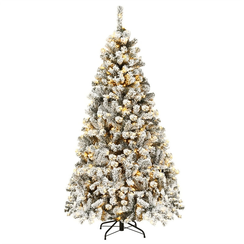 6FT Pre-Lit Snow Flocked Artificial Christmas Tree Premium Hinged Full Tree with 600 PVC Branch Tips & 250 LED Lights