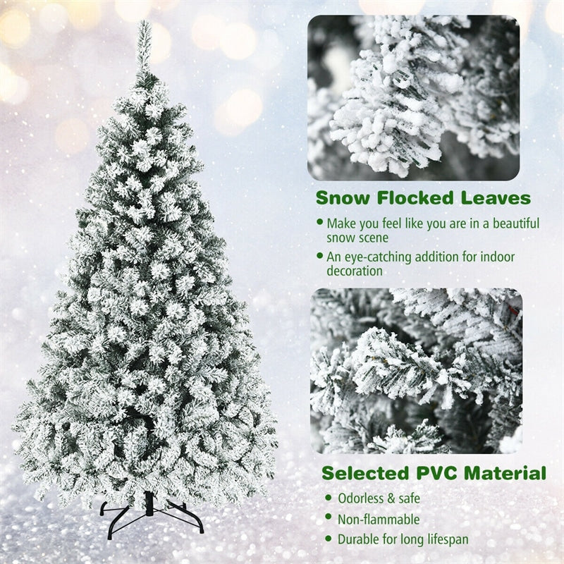 6FT Pre-Lit Snow Flocked Artificial Christmas Tree Premium Hinged Full Tree with 600 PVC Branch Tips & 250 LED Lights