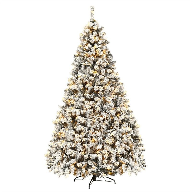 9FT Pre-Lit Snow Flocked Artificial Christmas Tree with 550 LED Lights & Metal Stand, Premium PVC Hinged Pine Tree for Indoor Outdoor Xmas Decor