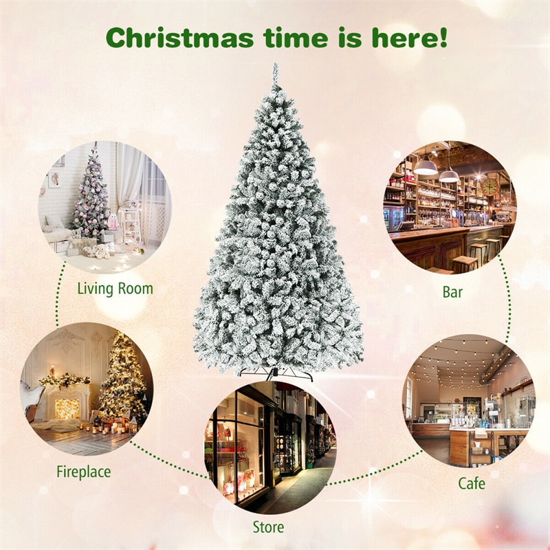 9FT Pre-Lit Snow Flocked Artificial Christmas Tree with 550 LED Lights & Metal Stand, Premium PVC Hinged Pine Tree for Indoor Outdoor Xmas Decor