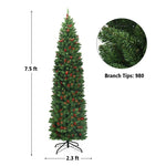 7.5ft Pre-lit Hinged Artificial Pencil Christmas Tree with Pine Cones Red Berries & LED Lights