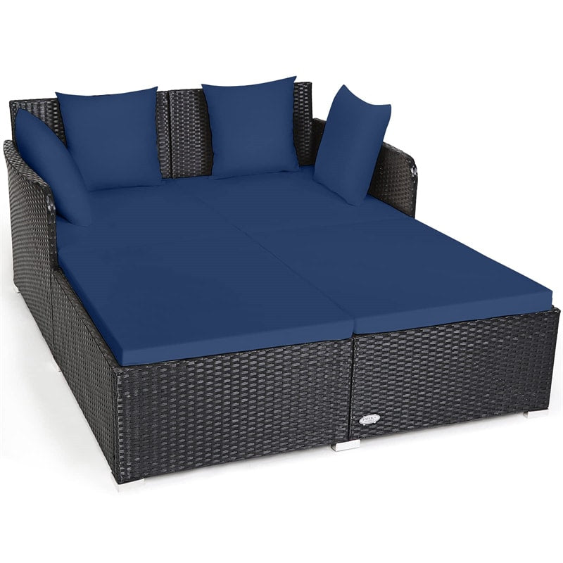 Outdoor Rattan Daybed Wicker Patio Double Chaise Lounge Sun Lounger with Seat Cushions & Pillows