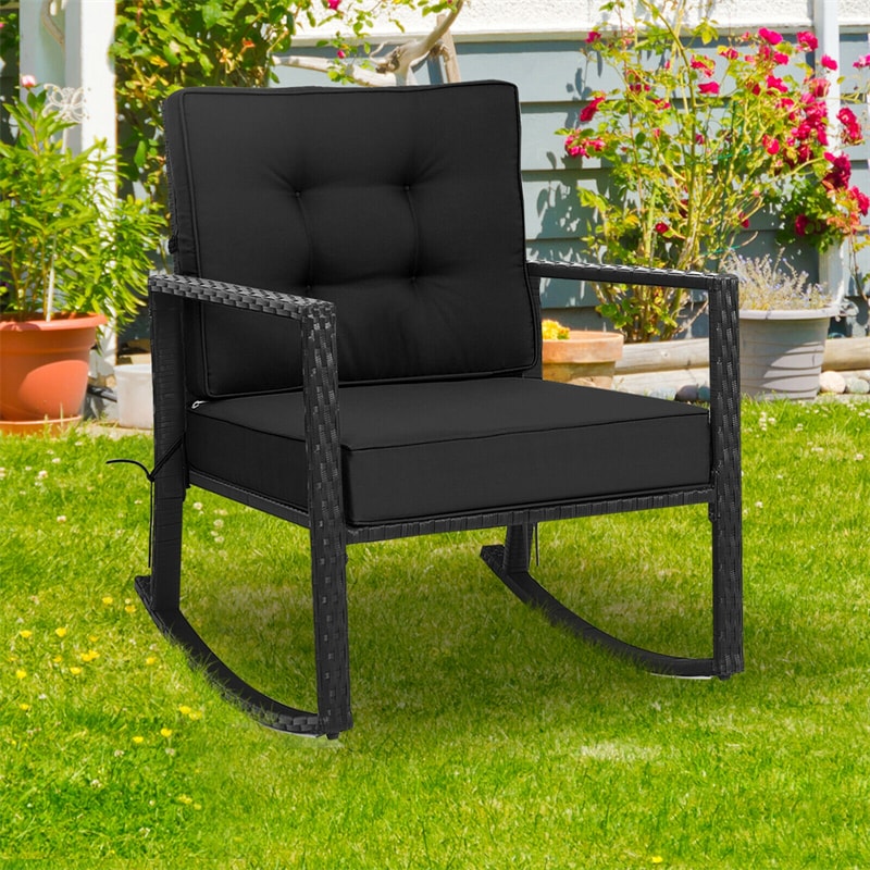 Patio Rattan Rocking Chair Heavy Duty Metal Frame Wicker Outdoor Rocker Chair with Cushions for Garden Porch Backyard Poolside