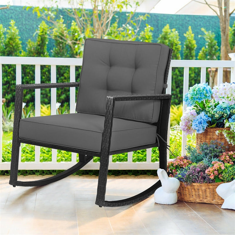 Patio Rattan Rocking Chair Heavy Duty Metal Frame Wicker Outdoor Rocker Chair with Cushions for Garden Porch Backyard Poolside