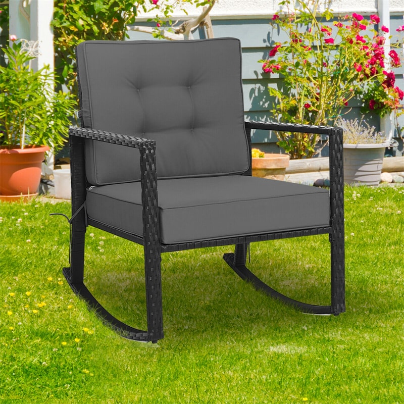 Patio Rattan Rocking Chair Heavy Duty Metal Frame Wicker Outdoor Rocker Chair with Cushions for Garden Porch Backyard Poolside