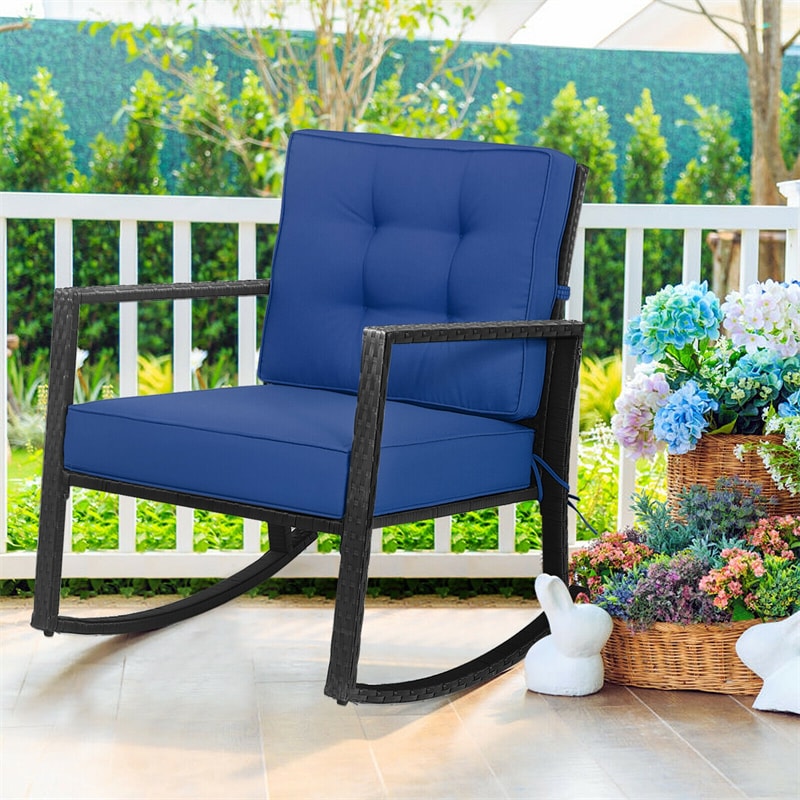 Patio Rattan Rocking Chair Heavy Duty Metal Frame Wicker Outdoor Rocker Chair with Cushions for Garden Porch Backyard Poolside