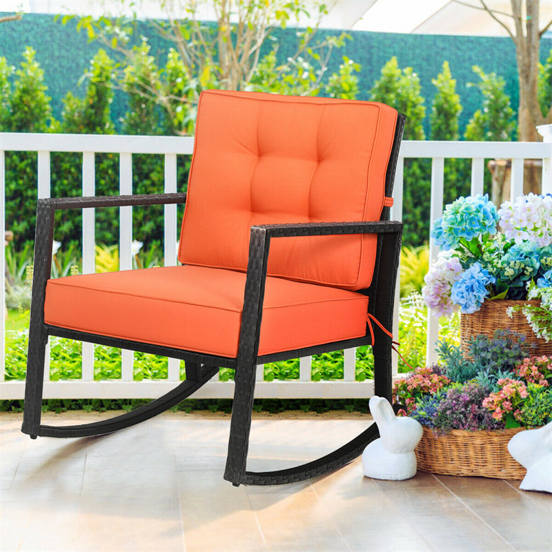 Patio Rattan Rocking Chair Heavy Duty Metal Frame Wicker Outdoor Rocker Chair with Cushions for Garden Porch Backyard Poolside