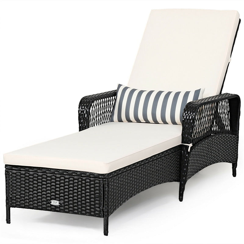 Outdoor Wicker Chaise Lounge Chair Patio Rattan Reclining Chaise with 6-Gear Adjustable Backrest, Padded Cushions & Lumbar Pillow