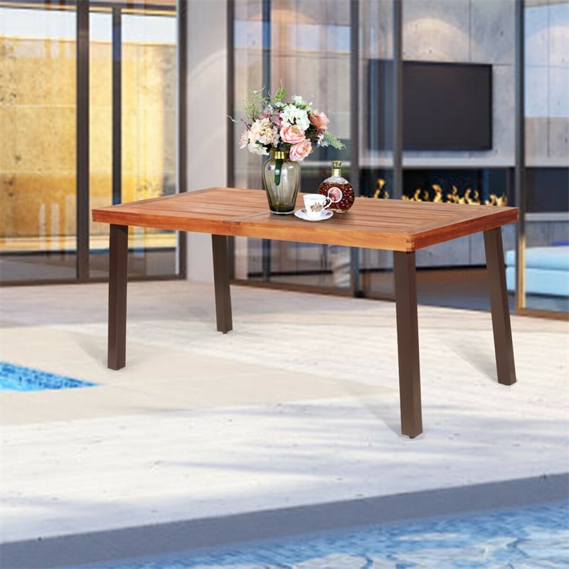 Acacia Wood Patio Dining Table with Umbrella Hole & Steel Legs, Rectangular Table for Indoor & Outdoor Use, Garden, Poolside, Porch, Backyard, Park