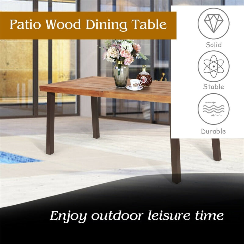 Acacia Wood Patio Dining Table with Umbrella Hole & Steel Legs, Rectangular Table for Indoor & Outdoor Use, Garden, Poolside, Porch, Backyard, Park