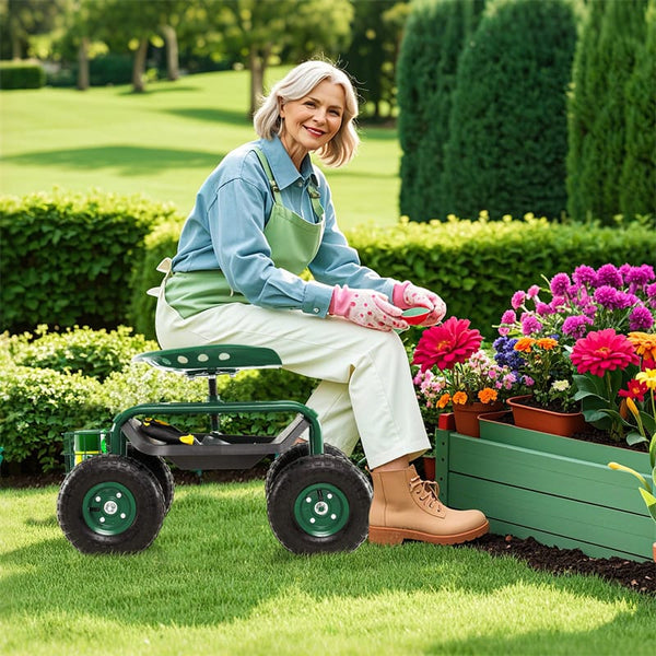 Rolling Garden Cart with 360° Swivel Seat, Tool Tray & Basket, Height Adjustable Gardening Workseat on Wheels, Patio Wagon Scooter for Planting