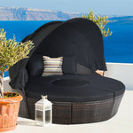 Wicker Outdoor Daybed Round Rattan Sectional Cushioned Sofa Set with Retractable Canopy & Adjustable Coffee Table