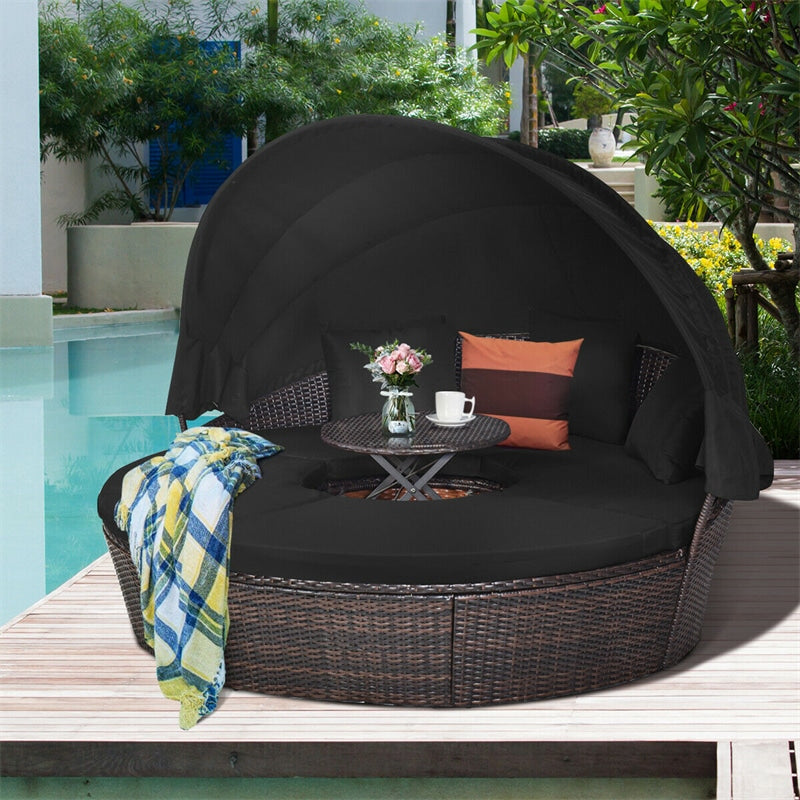 Wicker Outdoor Daybed Round Rattan Sectional Cushioned Sofa Set with Retractable Canopy & Adjustable Coffee Table