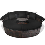 Wicker Outdoor Daybed Round Rattan Sectional Cushioned Sofa Set with Retractable Canopy & Adjustable Coffee Table